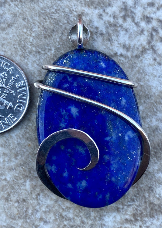 Lapis Lazuli Cabochon in Sterling Silver Tension Wrapped Pendant