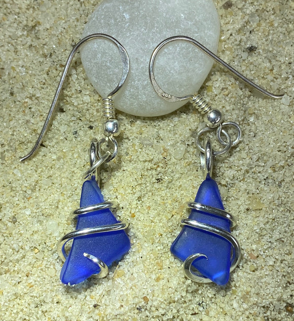 Blue Sea Glass Pair in Sterling Silver Tension Wrapped Earrings