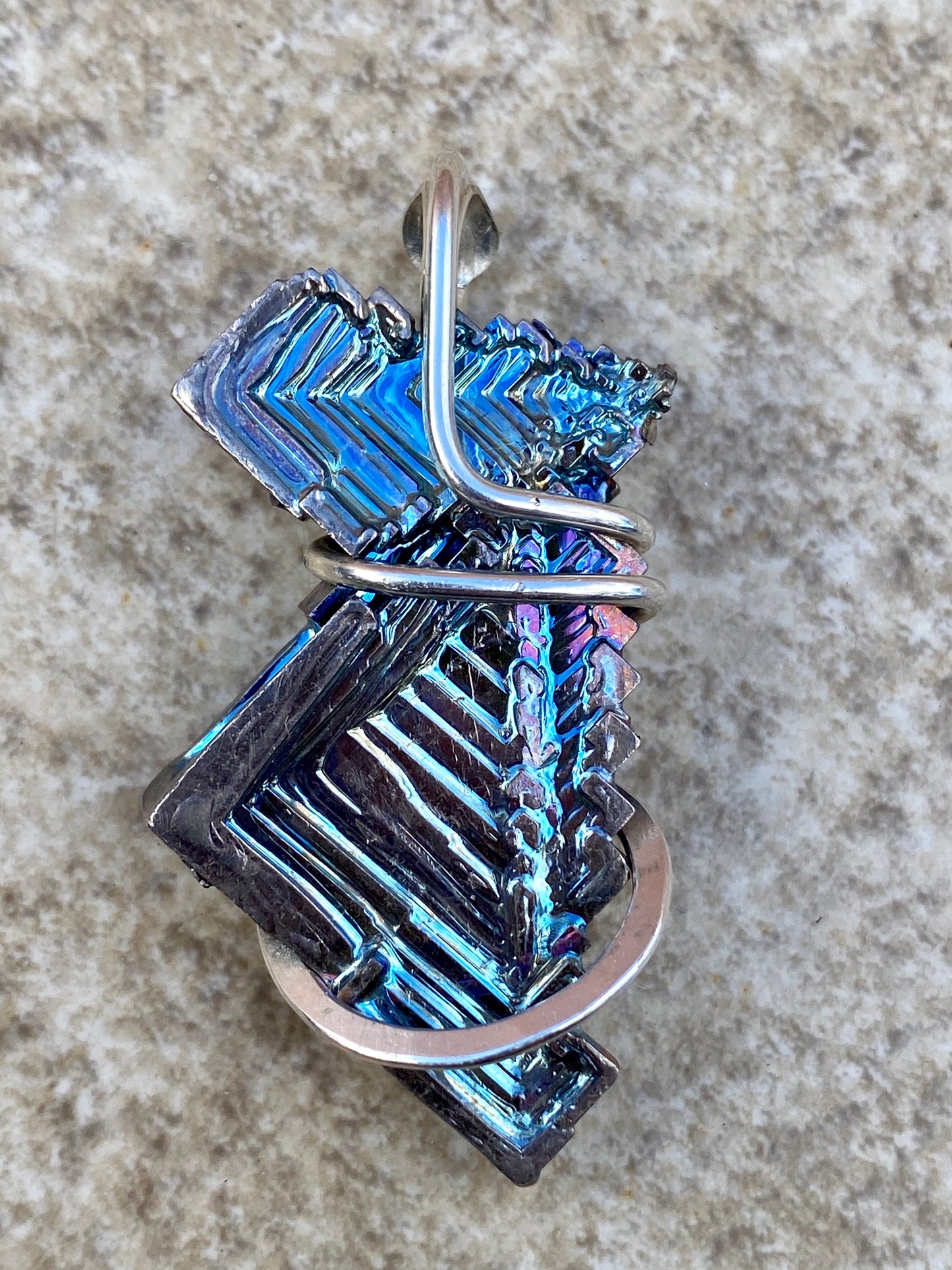 Bismuth Crystal in Sterling Silver Tension Wrapped Pendant