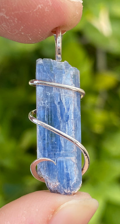 Blue Kyanite Crystal in Sterling Silver Tension Wrapped Pendant