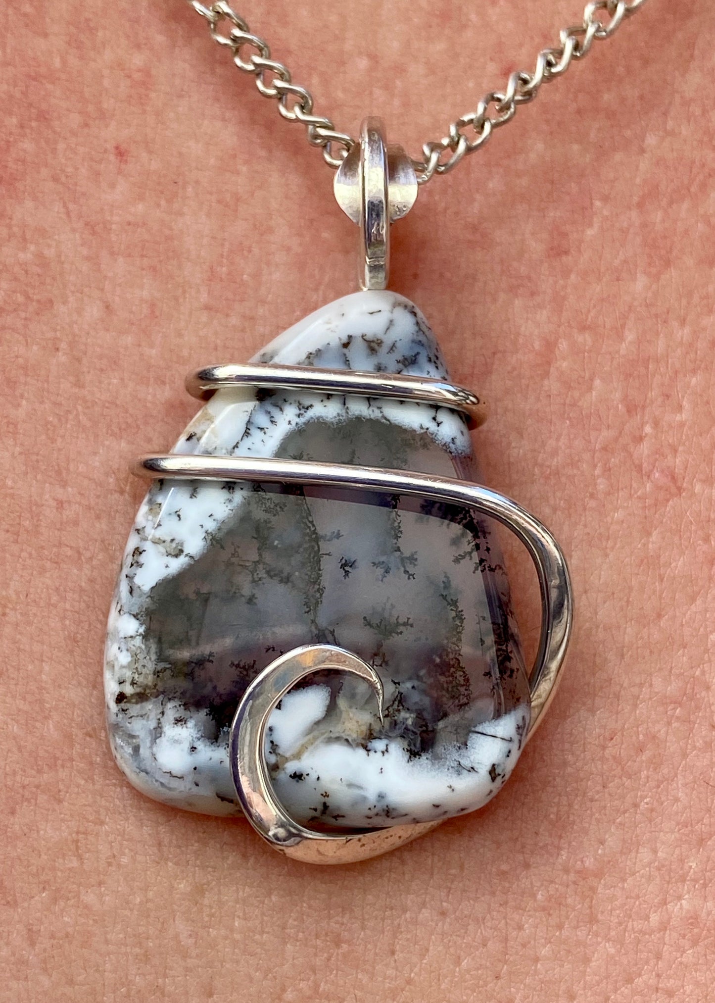 Dendritic Agate in Sterling Silver Tension Wrapped Pendant