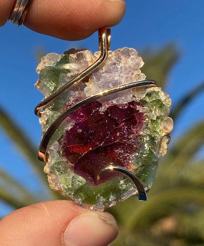 Watermelon Tourmaline Slice in 14kt Gold Tension Wrapped Pendant