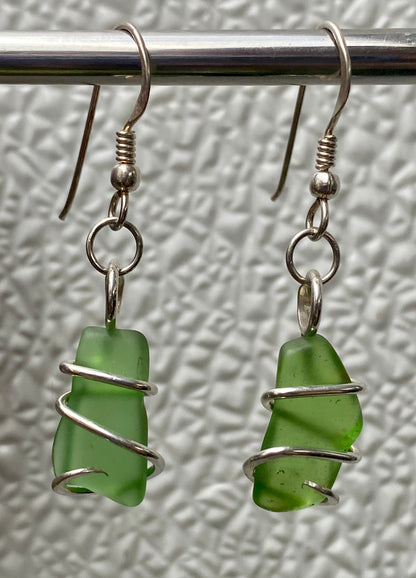 Green Sea Glass Pair in Sterling Silver Tension Wrapped Earrings