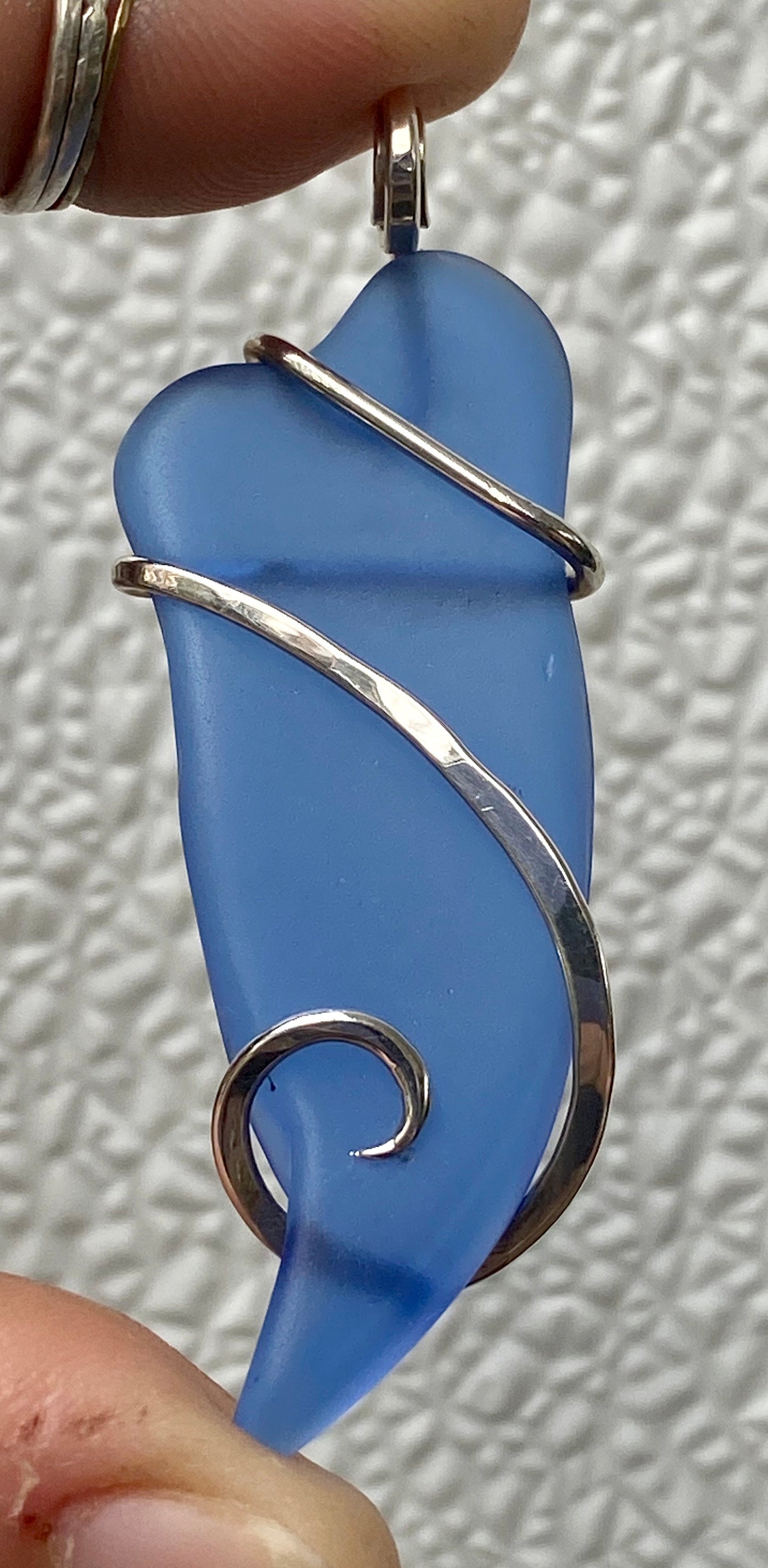 Blue Sea Glass in Sterling Silver Tension Wrapped Pendant