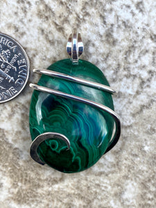 Malachite Cabochon in Sterling Silver Tension Wrapped Pendant