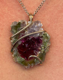 Watermelon Tourmaline Slice in 14kt Gold Tension Wrapped Pendant