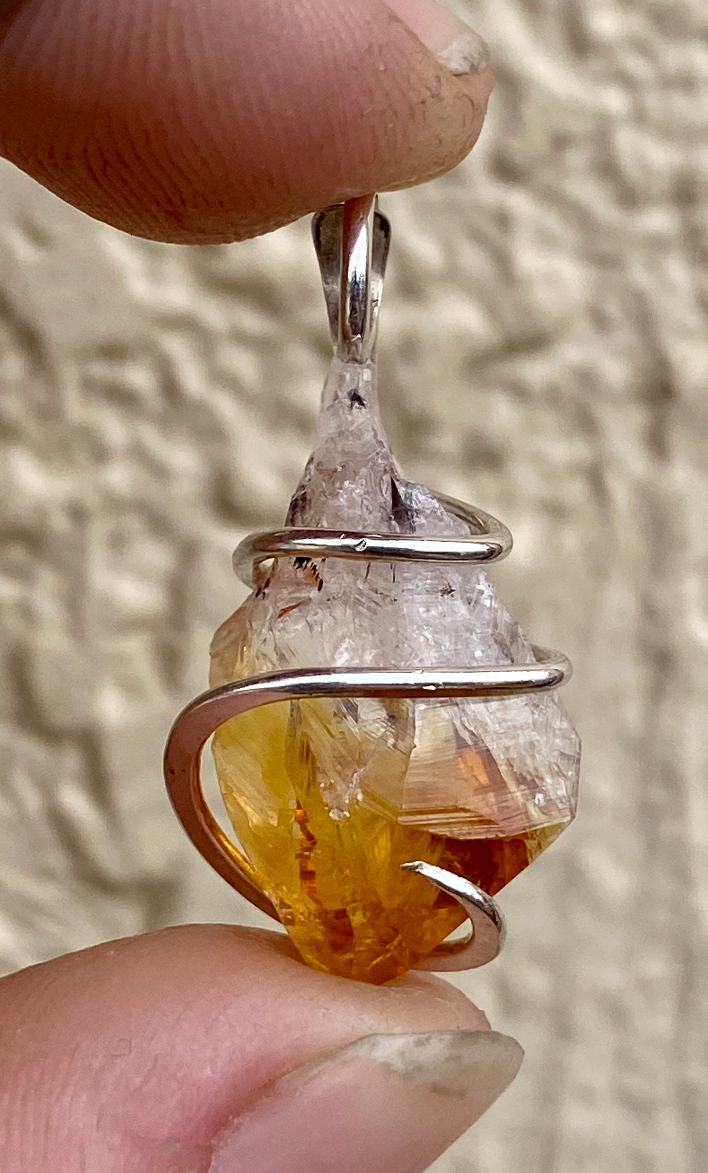 Citrine Crystal in Sterling Silver Tension Wrapped Pendant