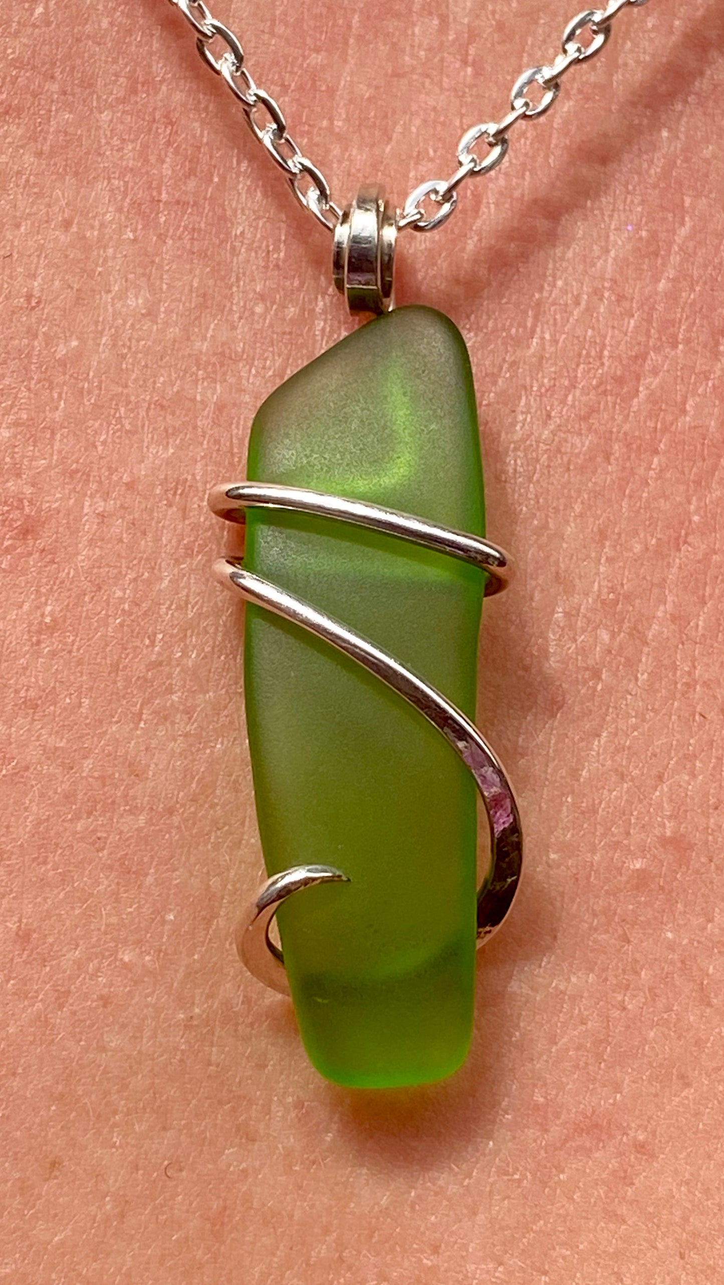 Green Sea Glass in Sterling Silver Tension Wrapped Pendant