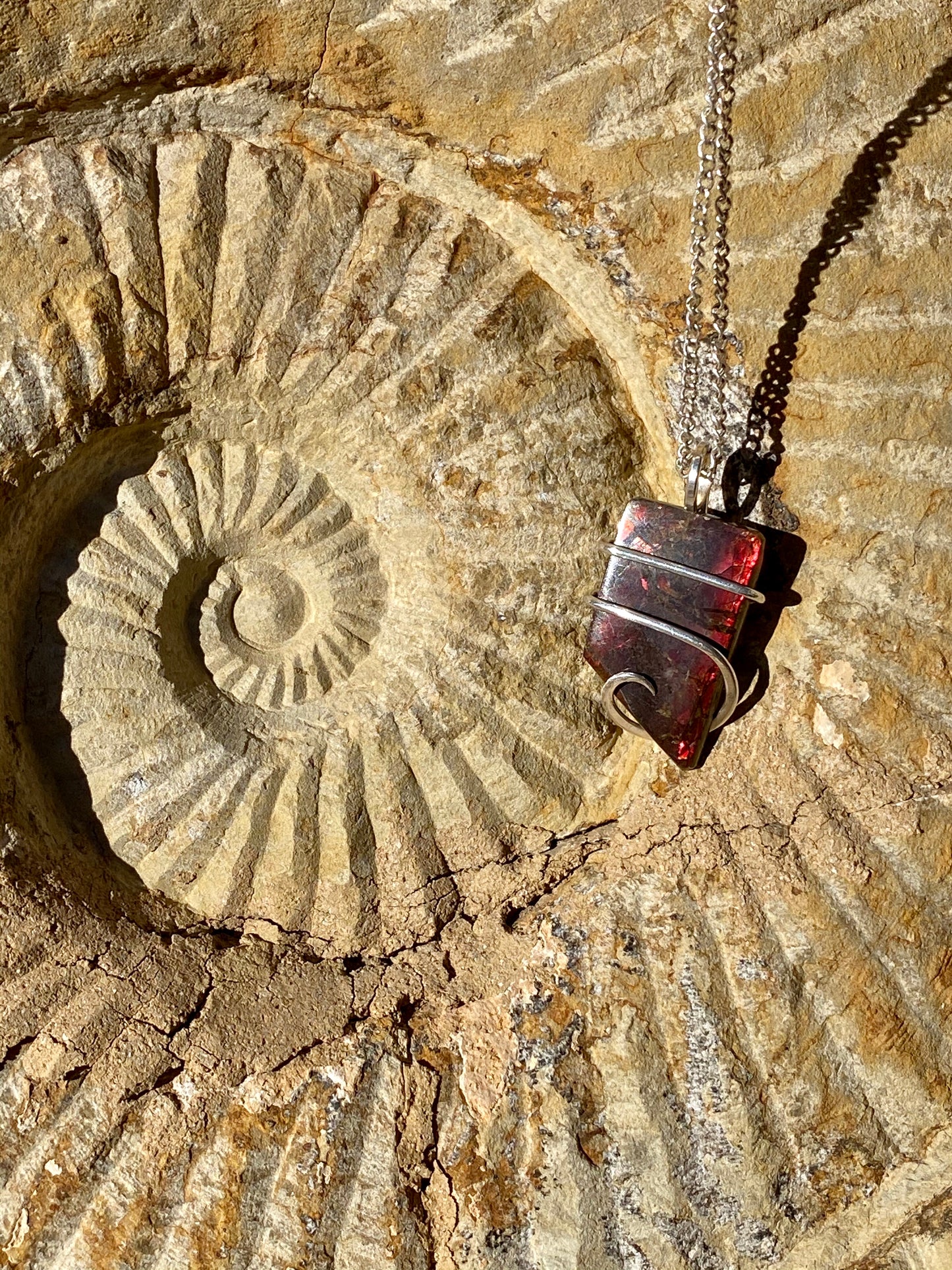 Ammolite Shell Slice in Sterling Silver Tension Wrapped Pendant