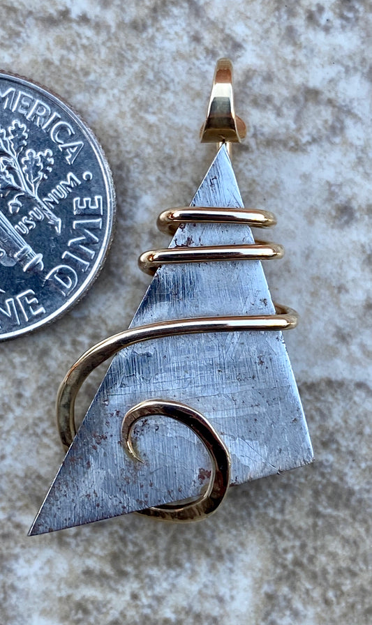 Sliced Meteorite in 14kt Gold Tension Wrapped Pendant