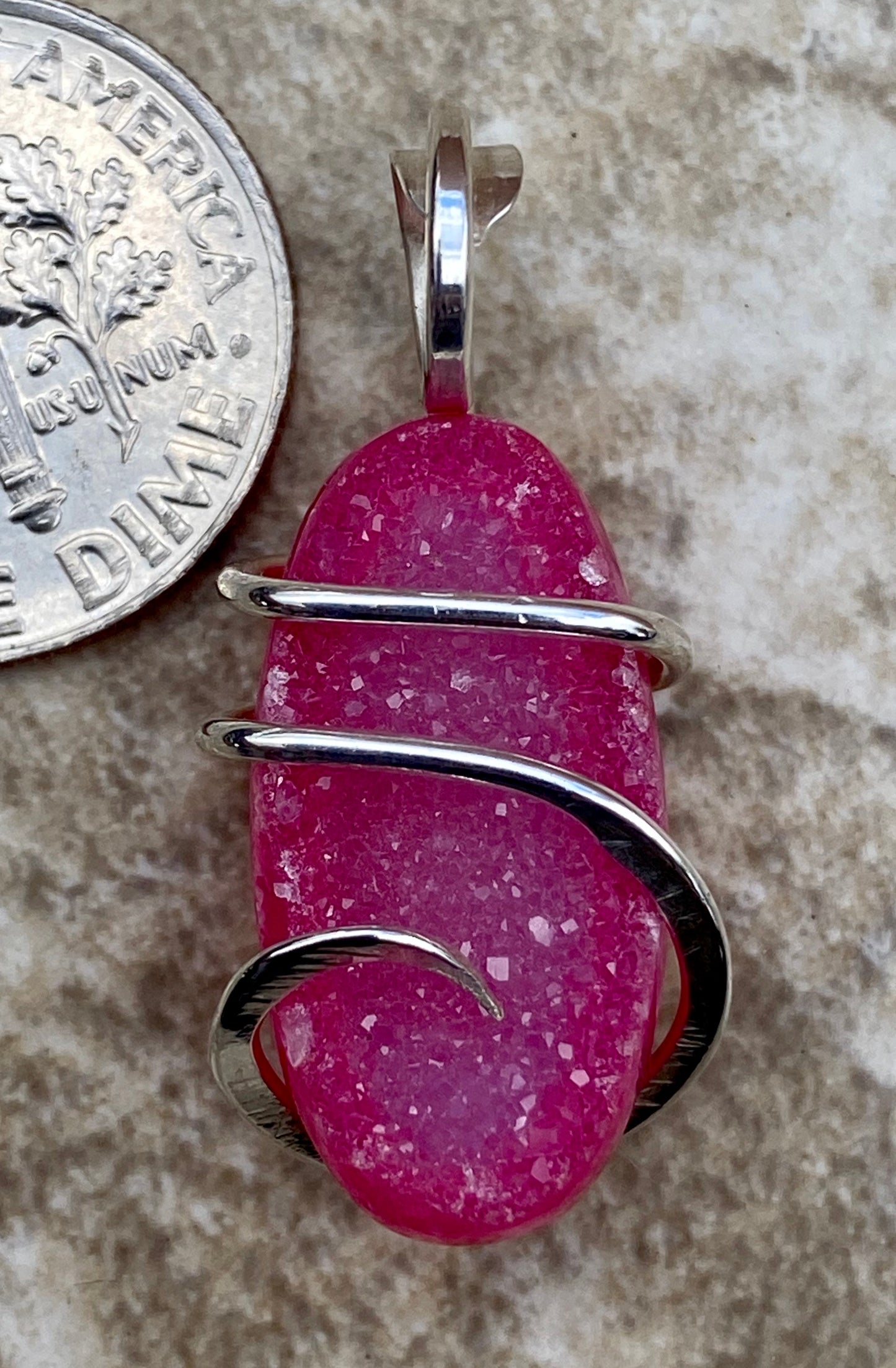 Dyed Agate Druzy in Sterling Silver Tension Wrapped Pendant