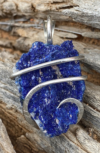 Azurite Druzy in Sterling Silver Tension Wrapped Pendant