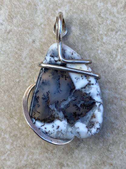 Dendritic Agate in Sterling Silver Tension Wrapped Pendant