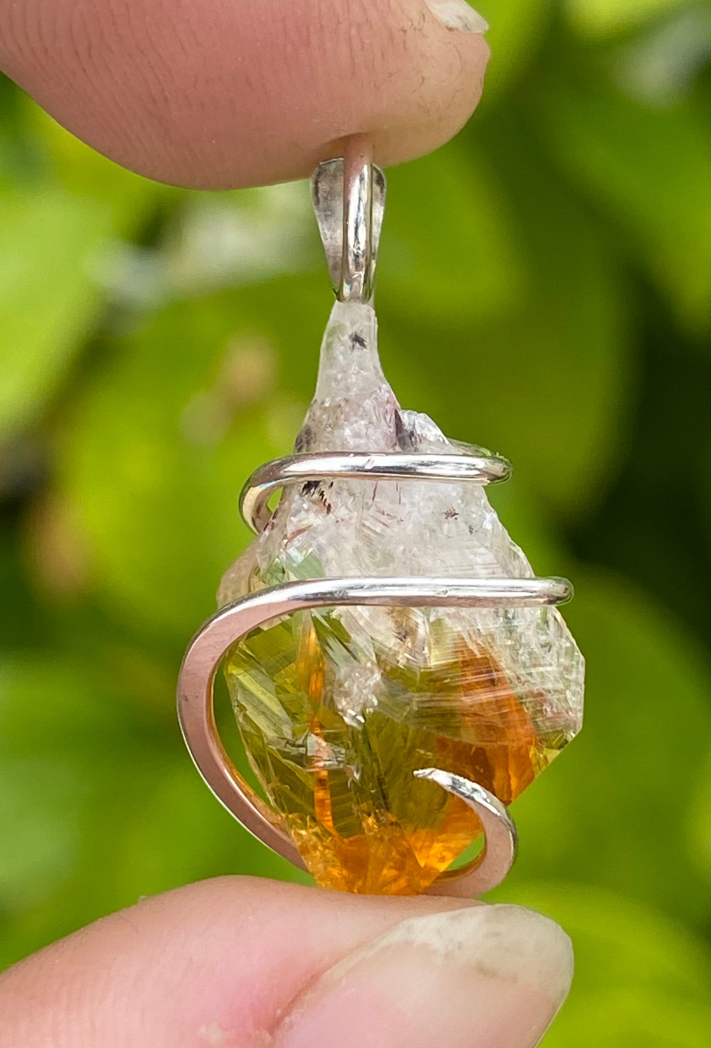 Citrine Crystal in Sterling Silver Tension Wrapped Pendant