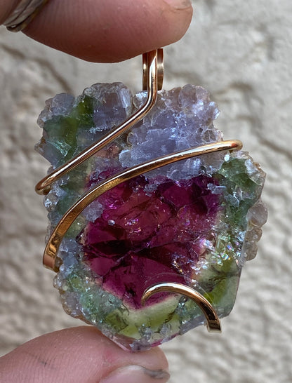 Watermelon Tourmaline Slice in 14kt Gold Tension Wrapped Pendant