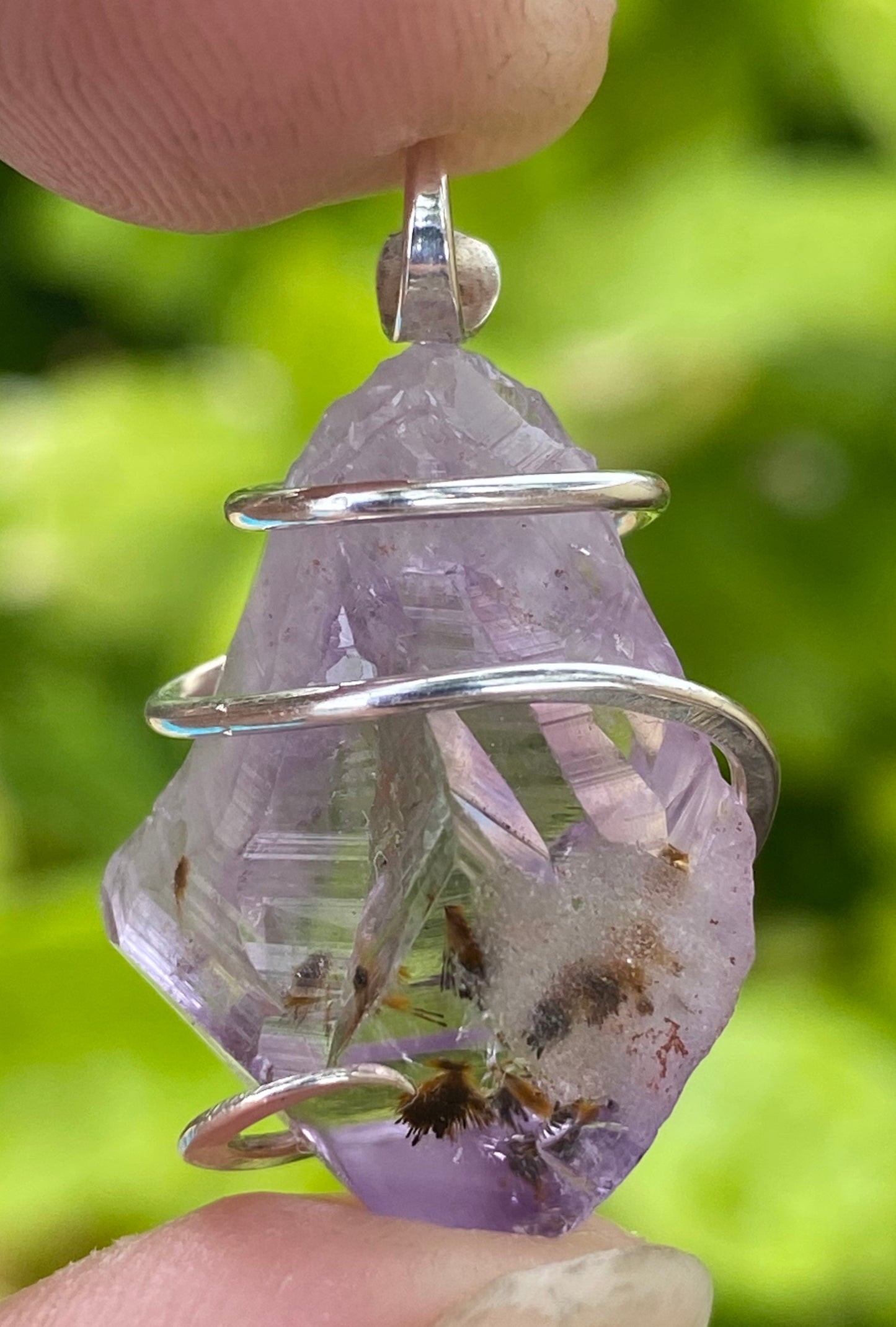 Amethyst Crystal in Sterling Silver Tension Wrapped Pendant