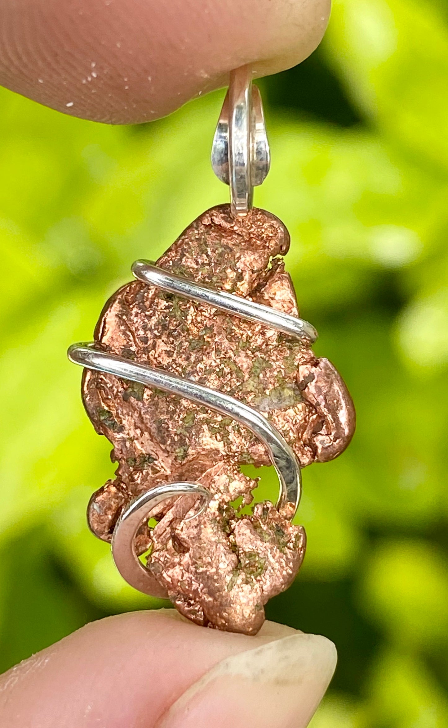 Copper Nugget in Sterling Silver Tension Wrapped Pendant