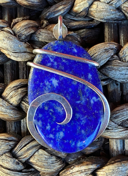 Lapis Lazuli Cabochon in Sterling Silver Tension Wrapped Pendant