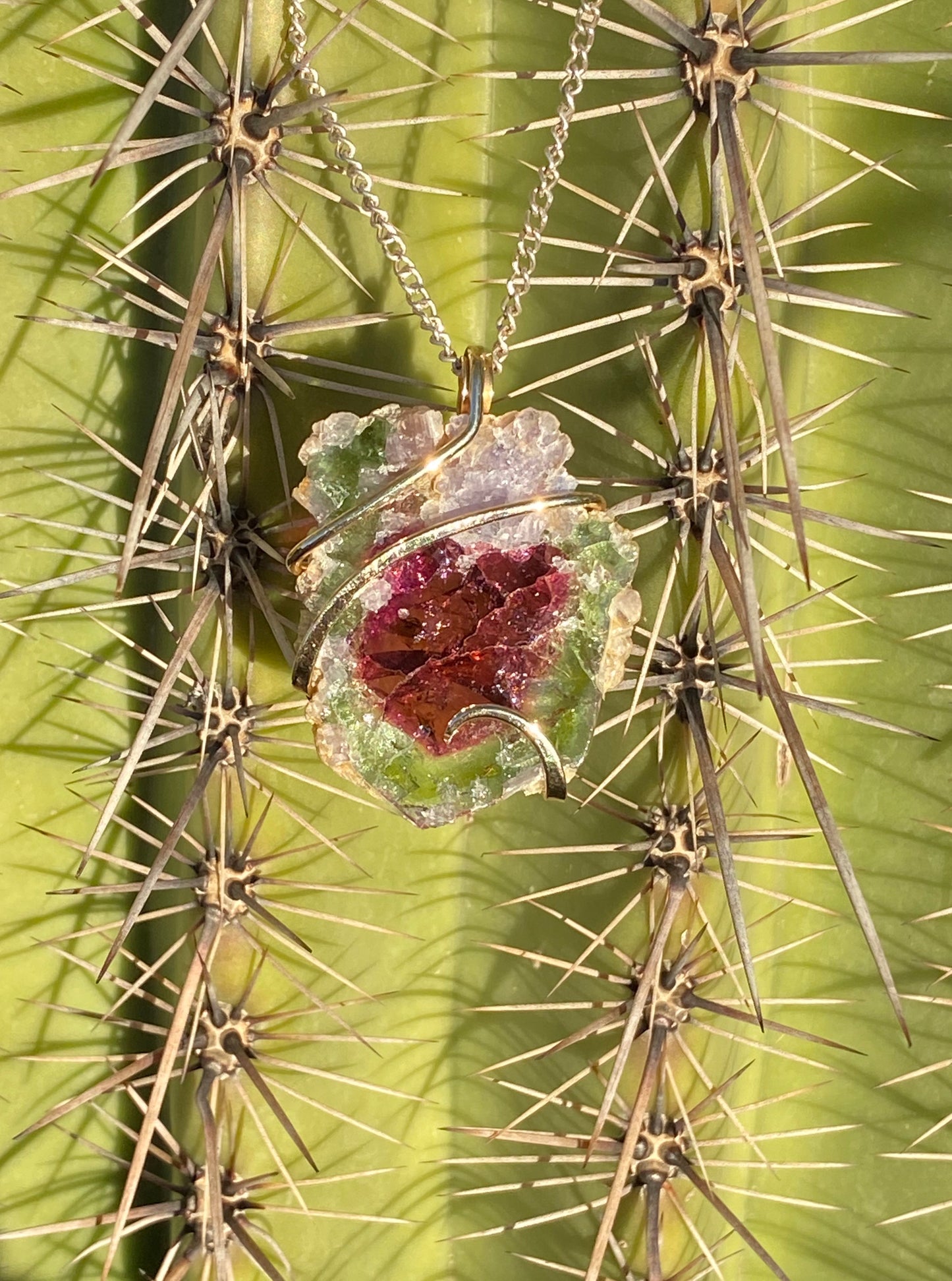 Watermelon Tourmaline Slice in 14kt Gold Tension Wrapped Pendant