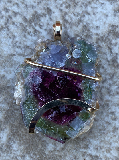 Watermelon Tourmaline Slice in 14kt Gold Tension Wrapped Pendant