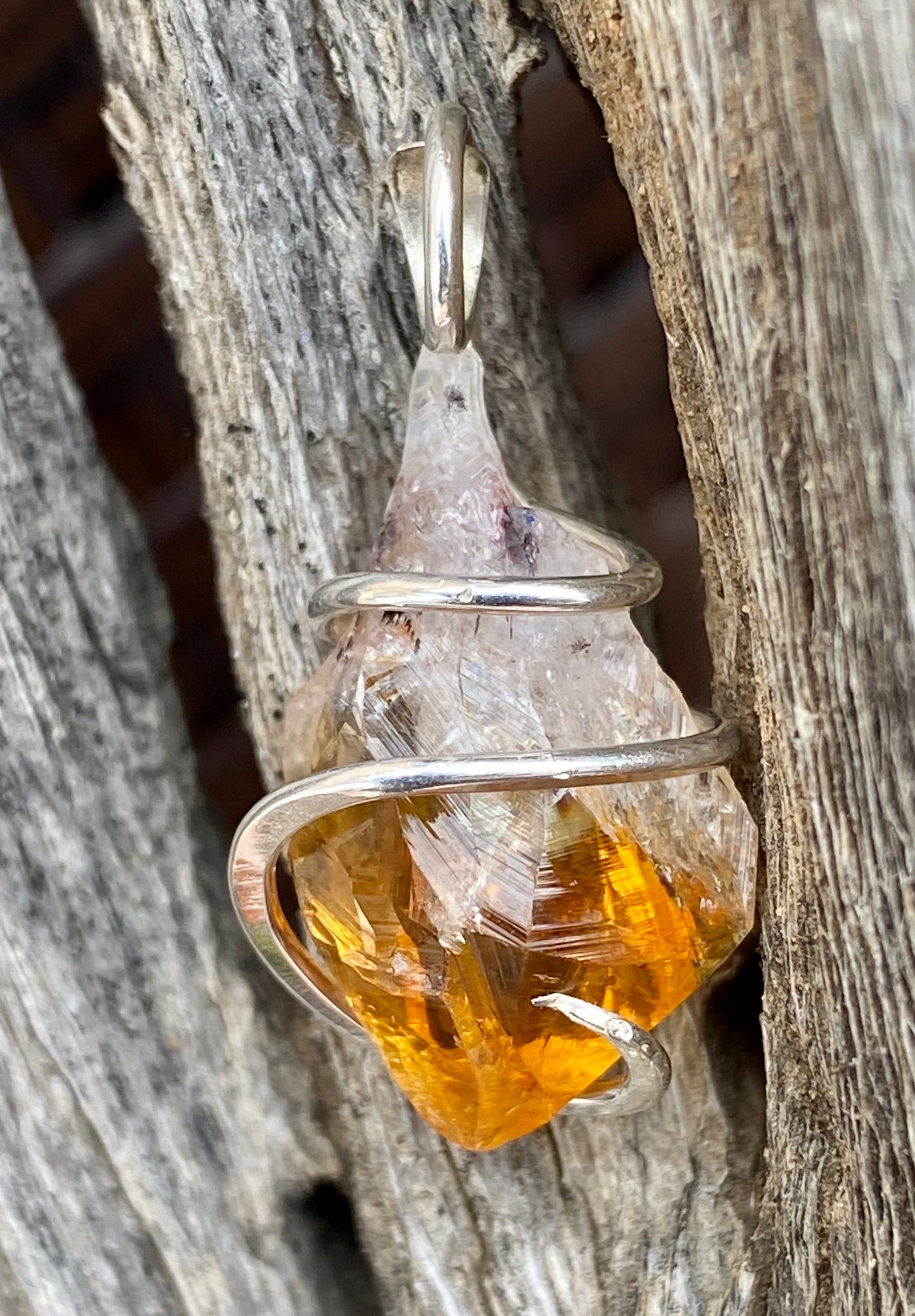 Citrine Crystal in Sterling Silver Tension Wrapped Pendant