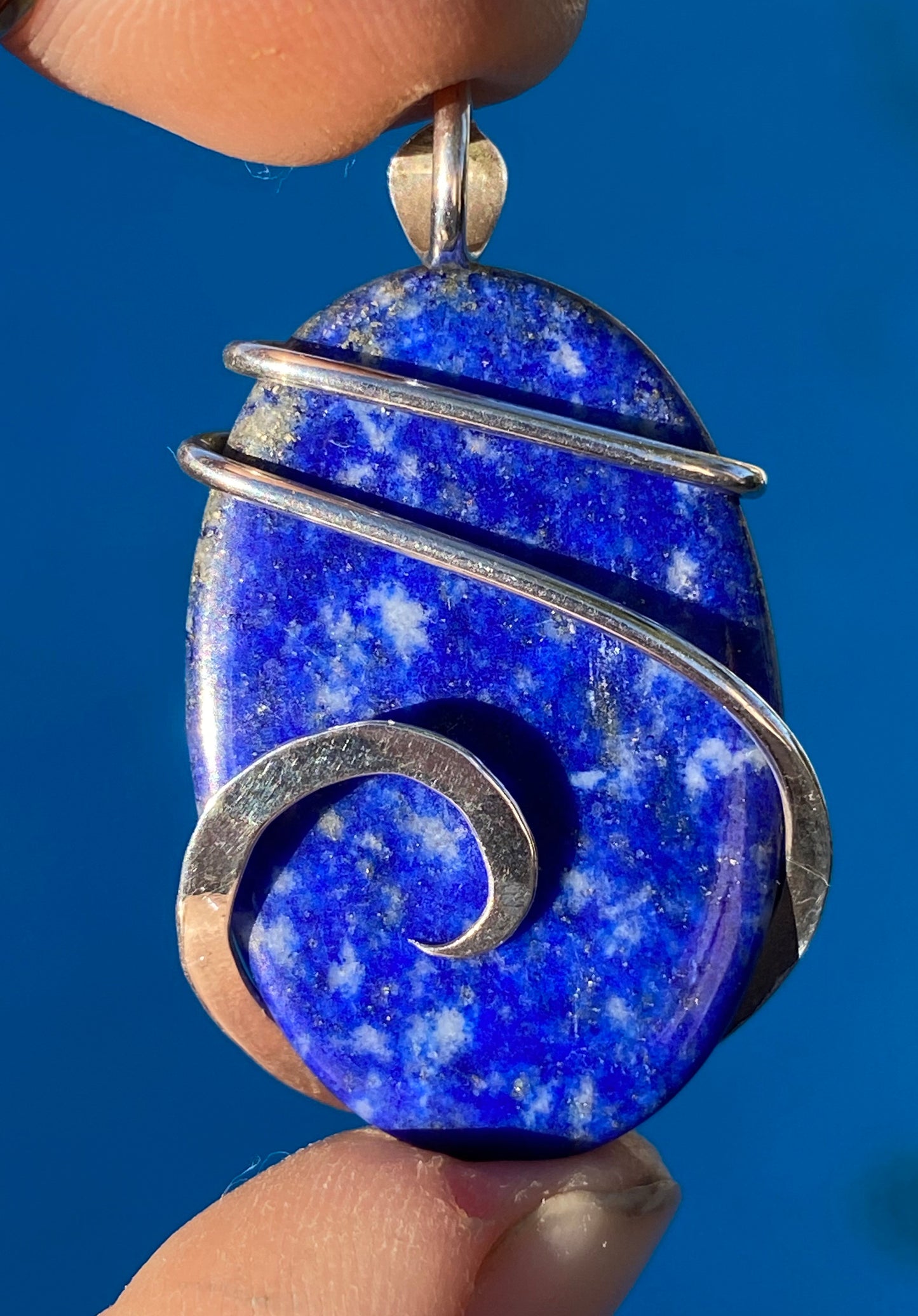 Lapis Lazuli Cabochon in Sterling Silver Tension Wrapped Pendant