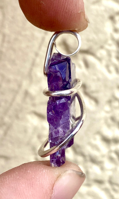 Amethyst Stalactite Slice in Sterling Silver Tension Wrapped Pendant