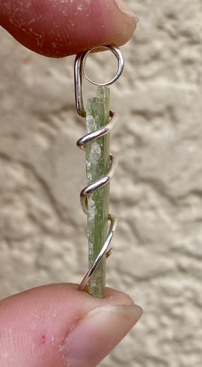 Green Kyanite Crystal in Sterling Silver Tension Wrapped Pendant