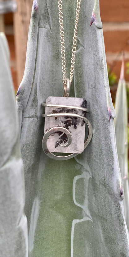 Faceted Dendritic Agate in Sterling Silver Tension Wrapped Pendant