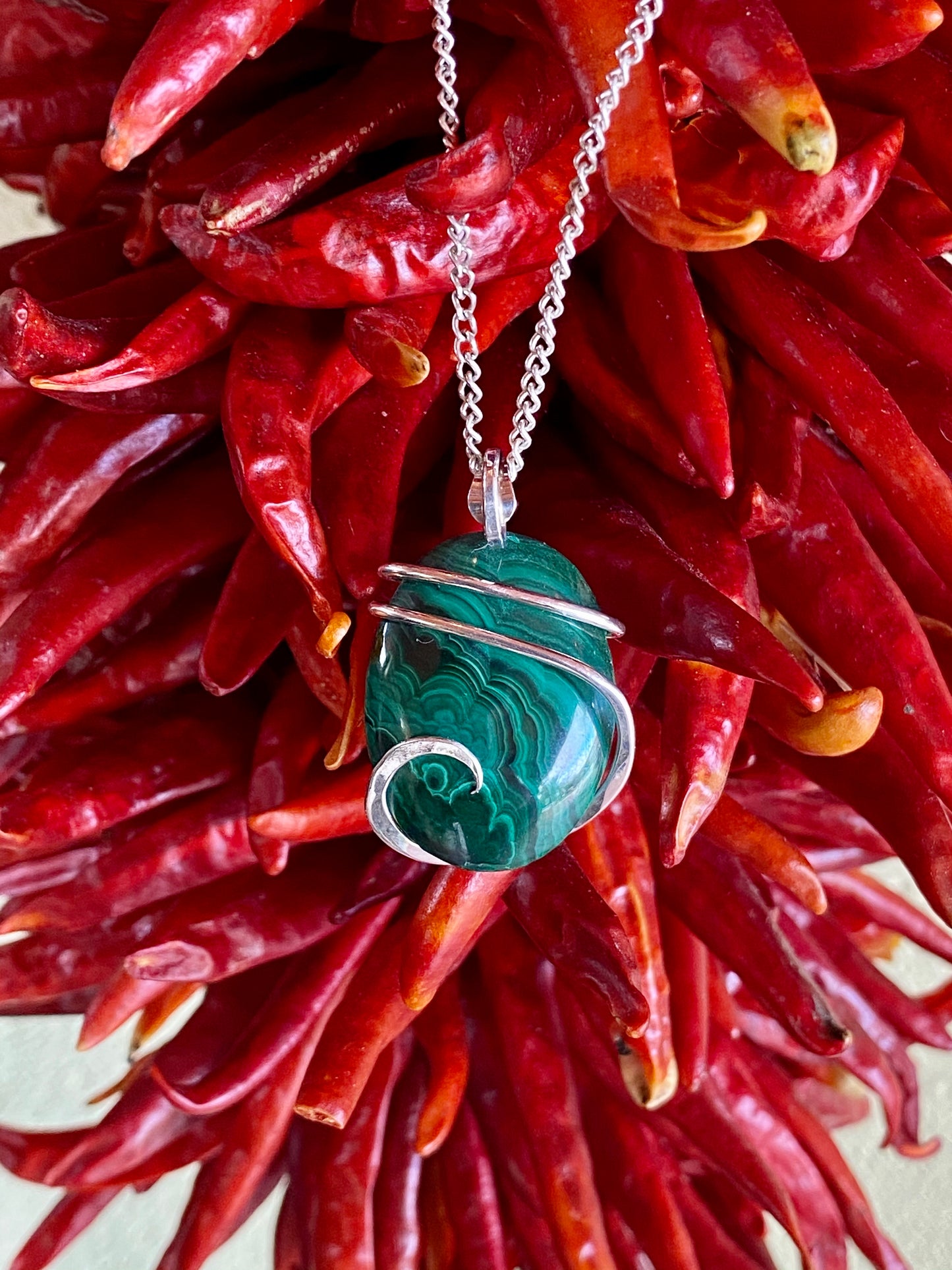 Malachite Cabochon in Sterling Silver Tension Wrapped Pendant