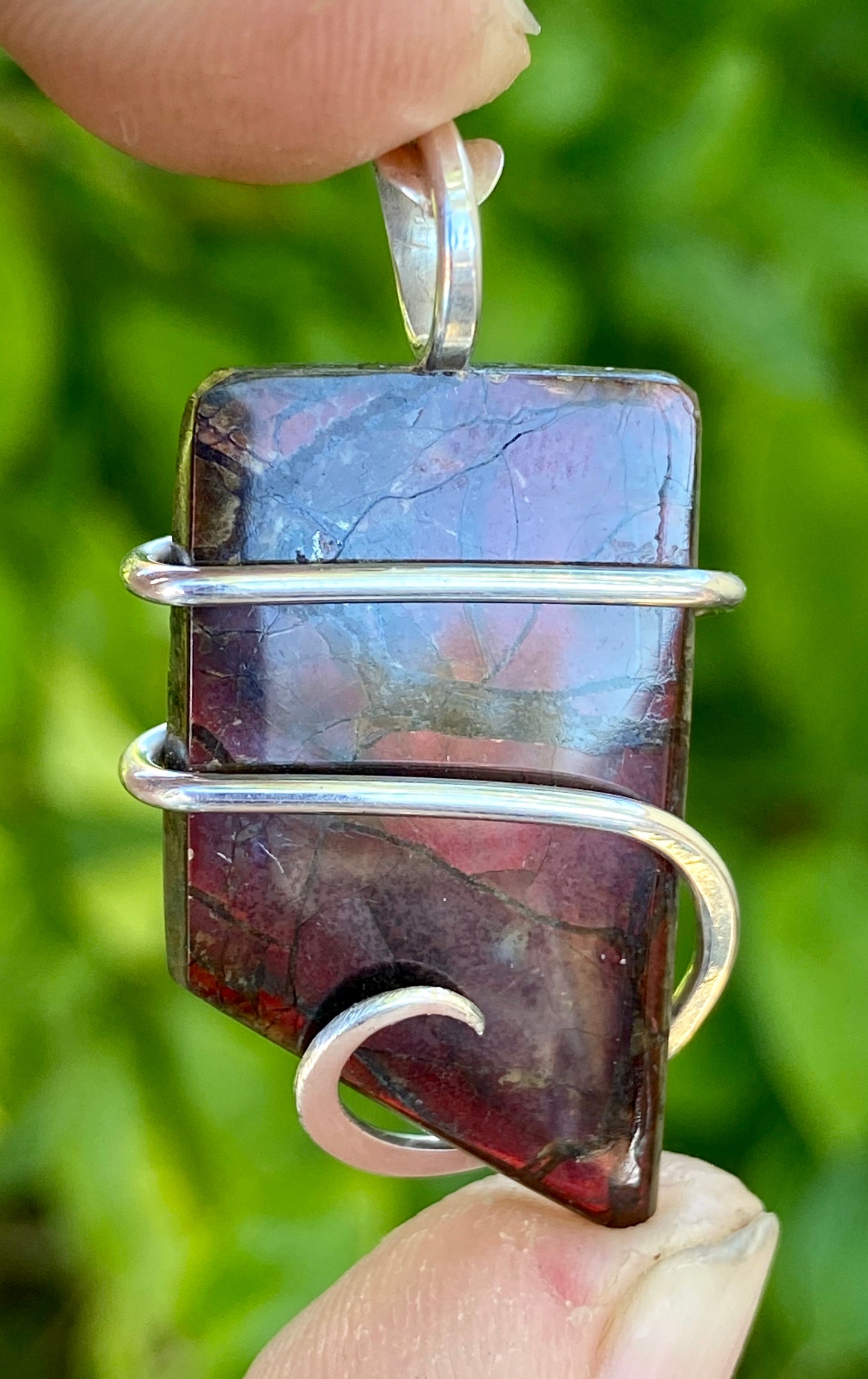 Ammolite Shell Slice in Sterling Silver Tension Wrapped Pendant