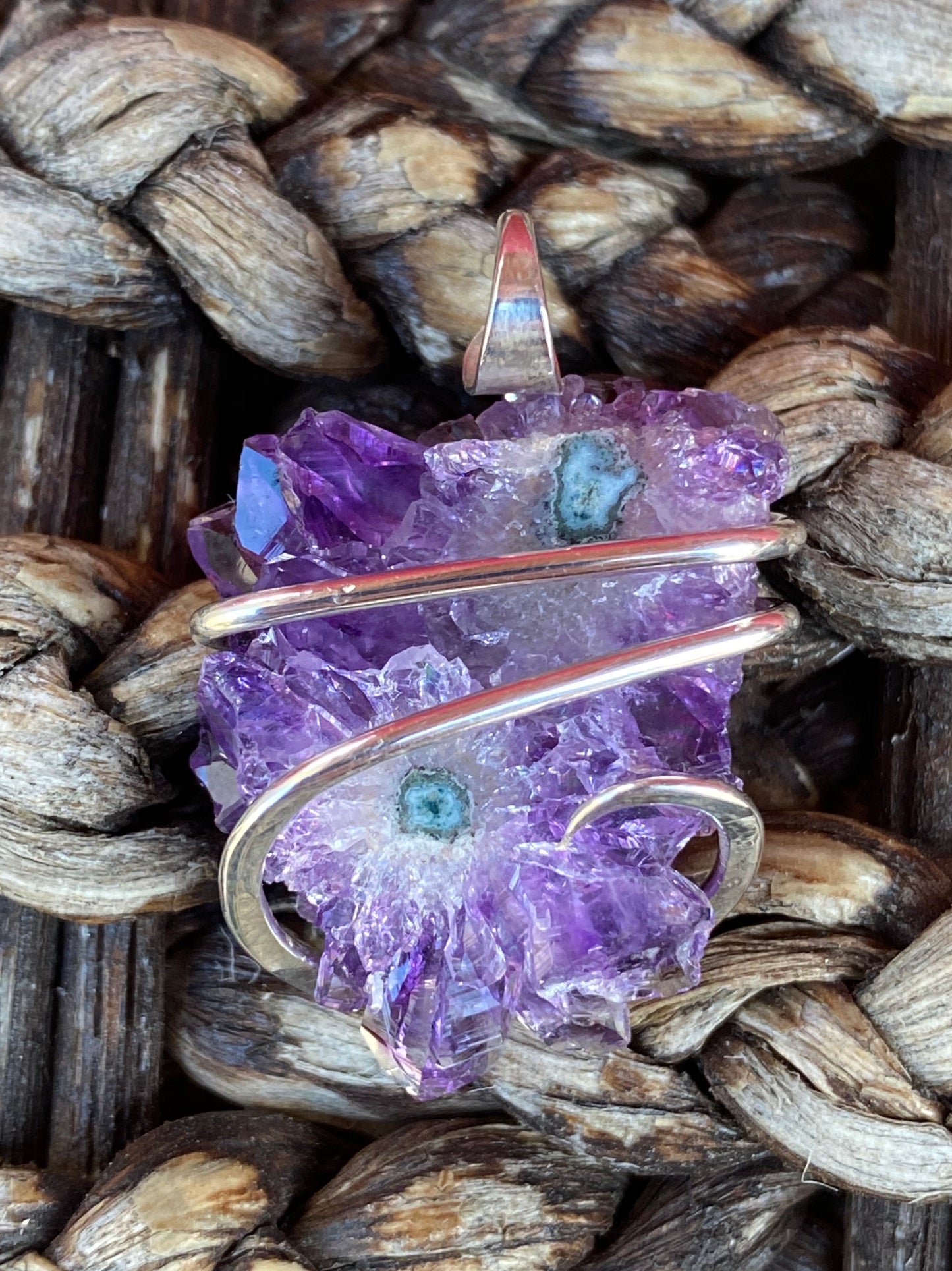 Amethyst Stalactite Slice in Sterling Silver Tension Wrapped Pendant