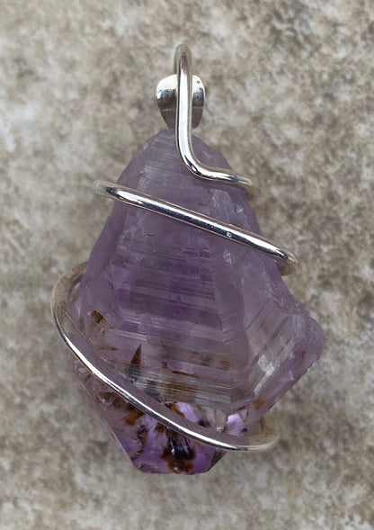 Amethyst Crystal in Sterling Silver Tension Wrapped Pendant