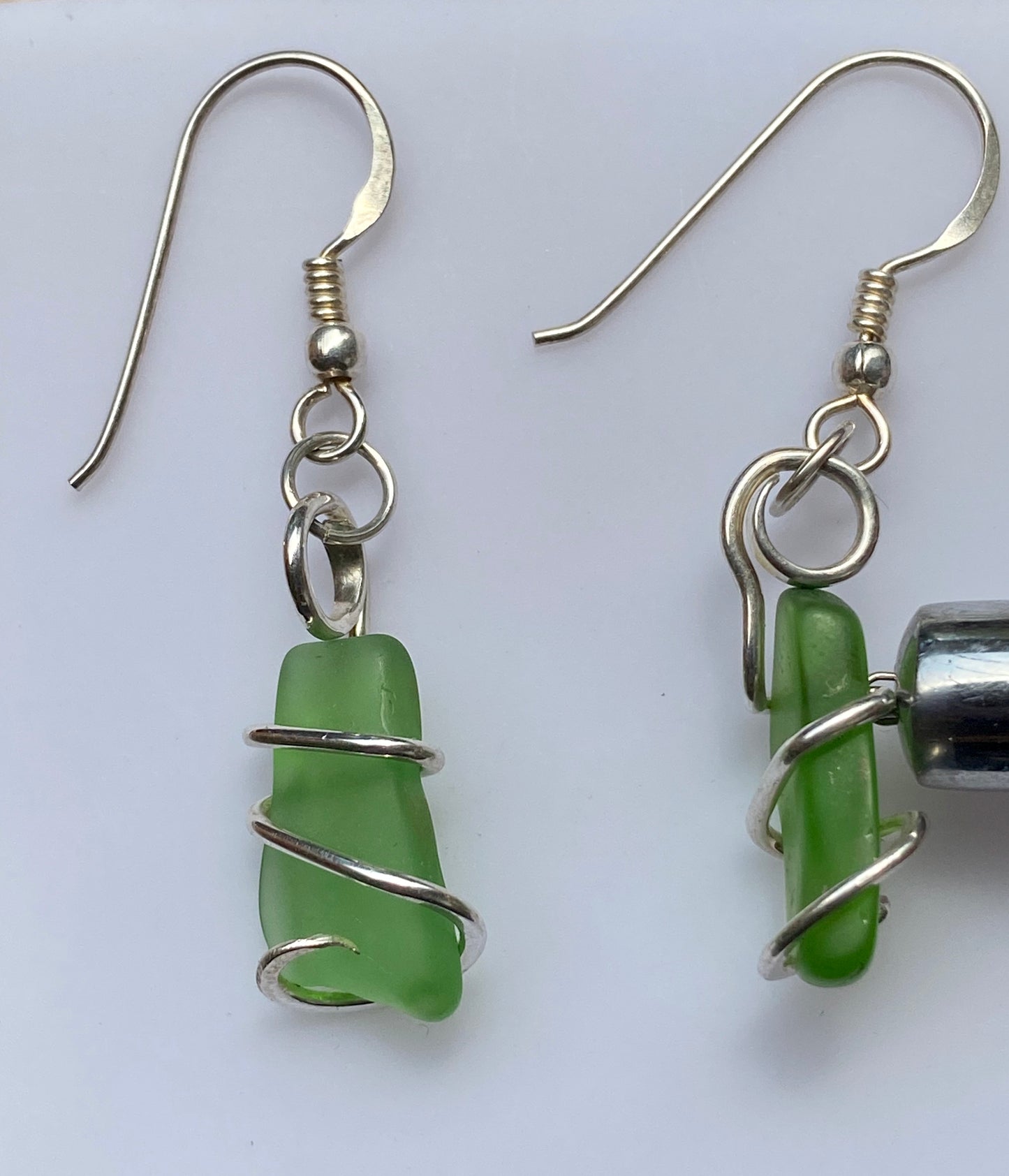 Green Sea Glass Pair in Sterling Silver Tension Wrapped Earrings