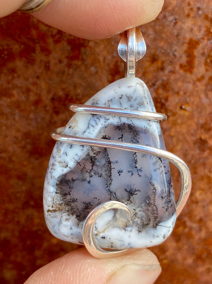 Dendritic Agate in Sterling Silver Tension Wrapped Pendant