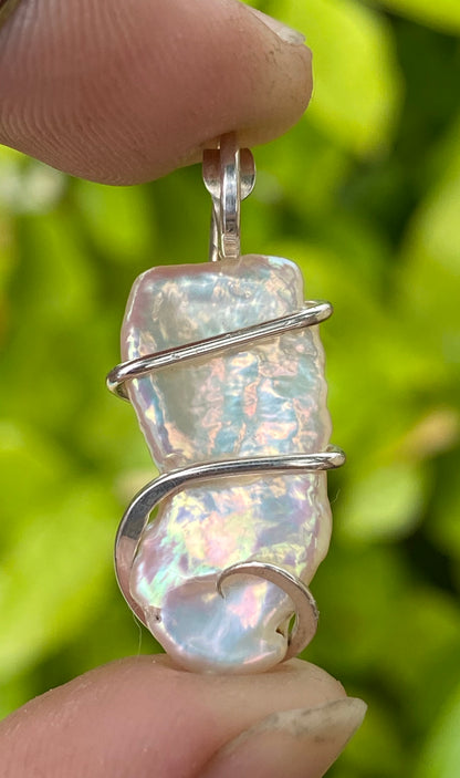 Baroque Freshwater Pearl in Sterling Silver Tension Wrapped Pendant