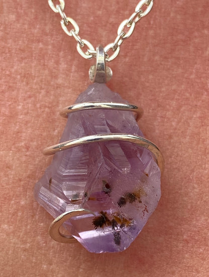 Amethyst Crystal in Sterling Silver Tension Wrapped Pendant