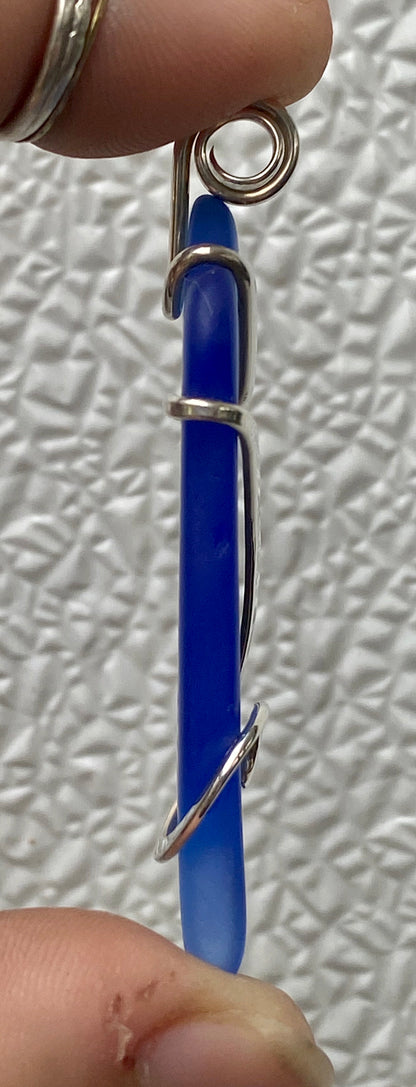 Blue Sea Glass in Sterling Silver Tension Wrapped Pendant