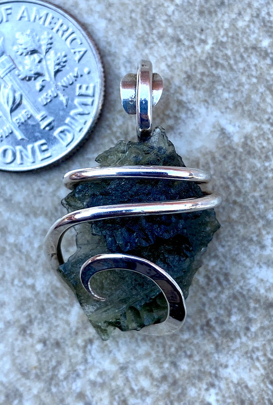 Moldavite in Sterling Silver Tension Wrapped Pendant