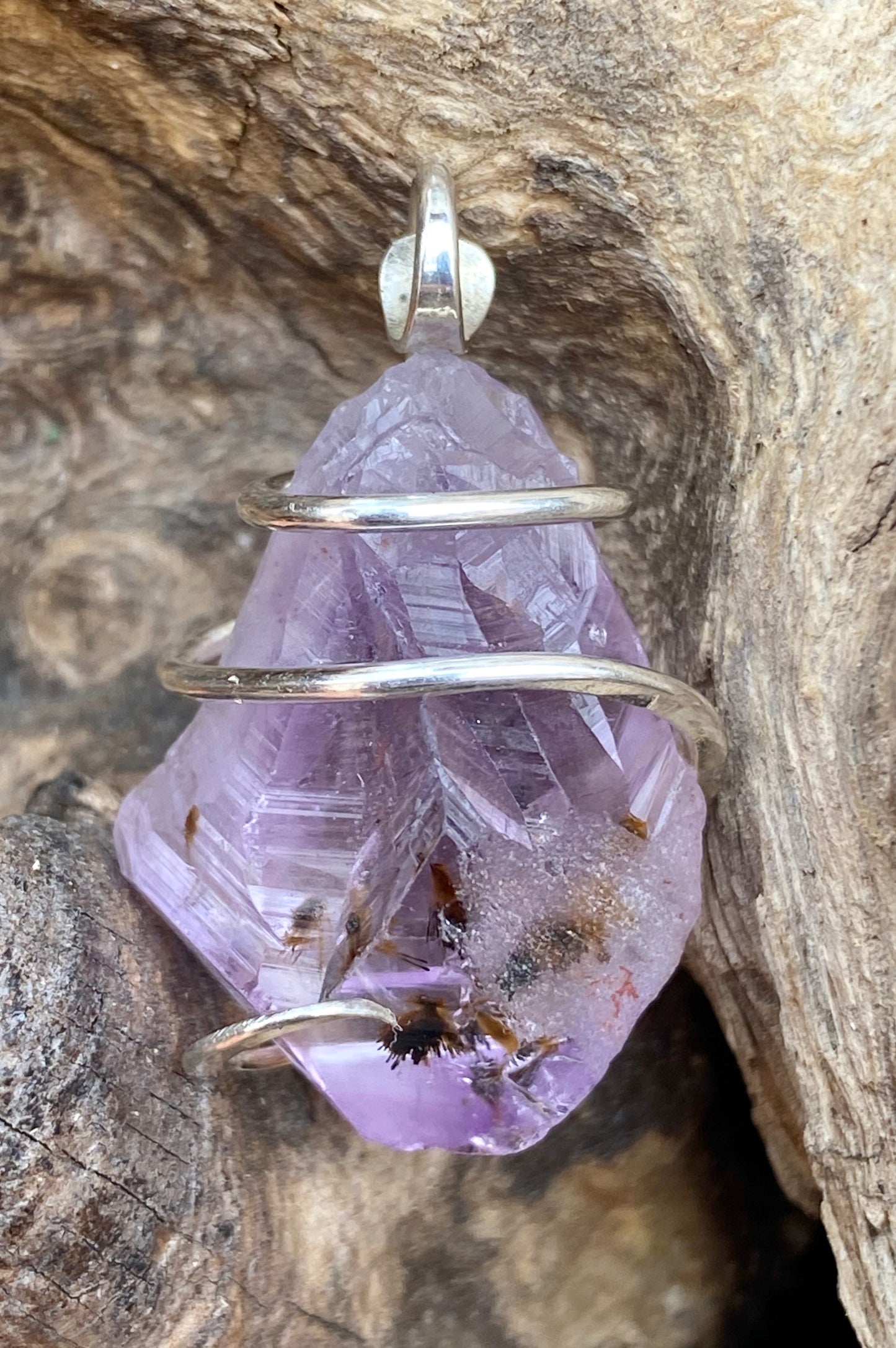 Amethyst Crystal in Sterling Silver Tension Wrapped Pendant