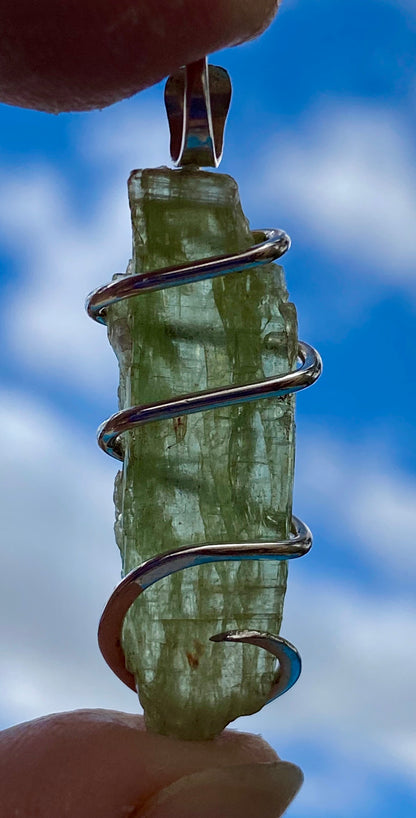 Green Kyanite Crystal in Sterling Silver Tension Wrapped Pendant