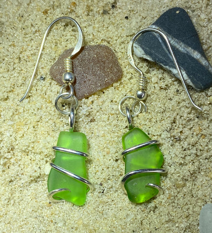 Green Sea Glass Pair in Sterling Silver Tension Wrapped Earrings