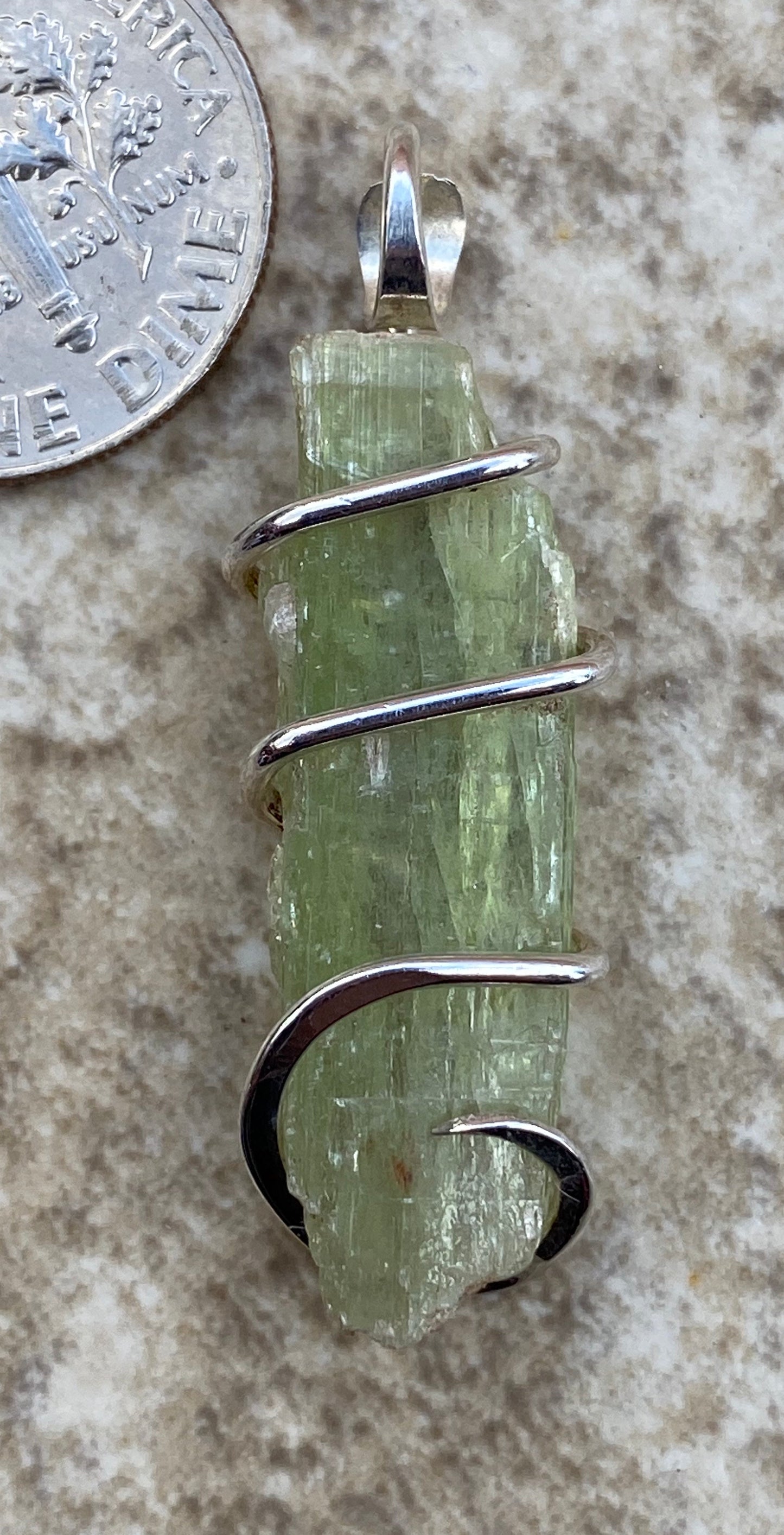 Green Kyanite Crystal in Sterling Silver Tension Wrapped Pendant