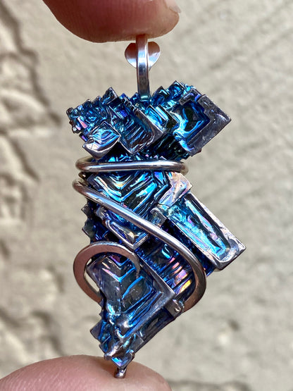 Bismuth Crystal in Sterling Silver Tension Wrapped Pendant