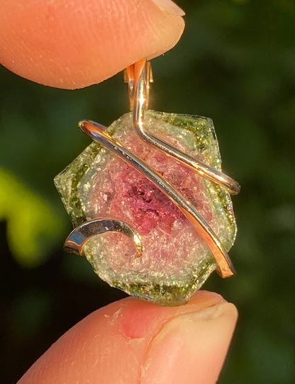 Watermelon Tourmaline Slice in 14kt Gold Tension Wrapped Pendant