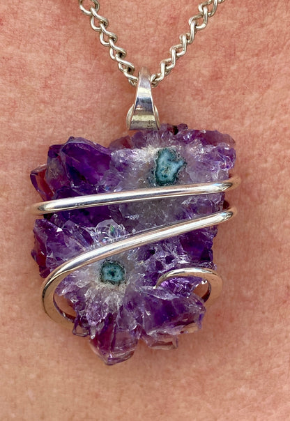 Amethyst Stalactite Slice in Sterling Silver Tension Wrapped Pendant