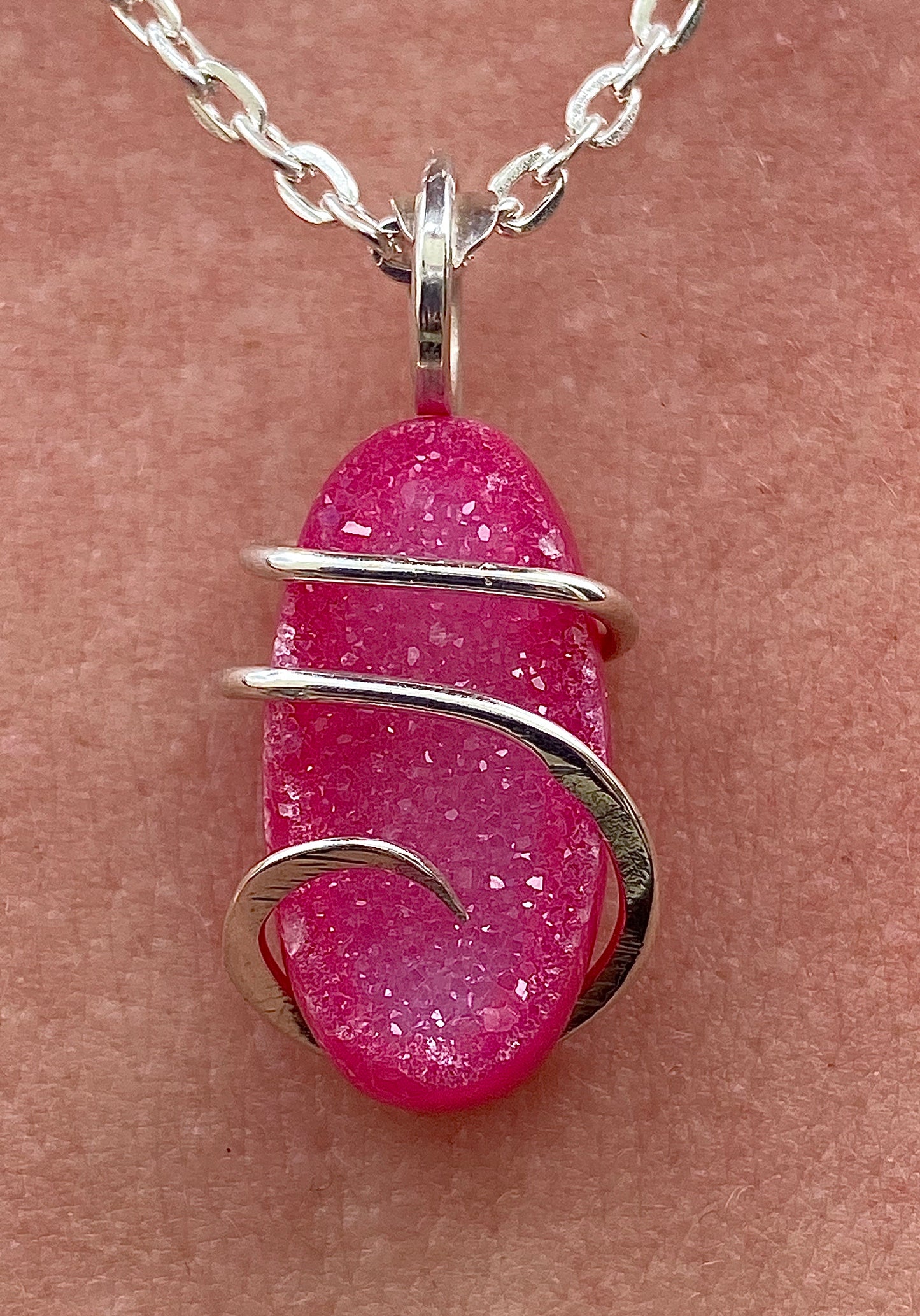 Dyed Agate Druzy in Sterling Silver Tension Wrapped Pendant