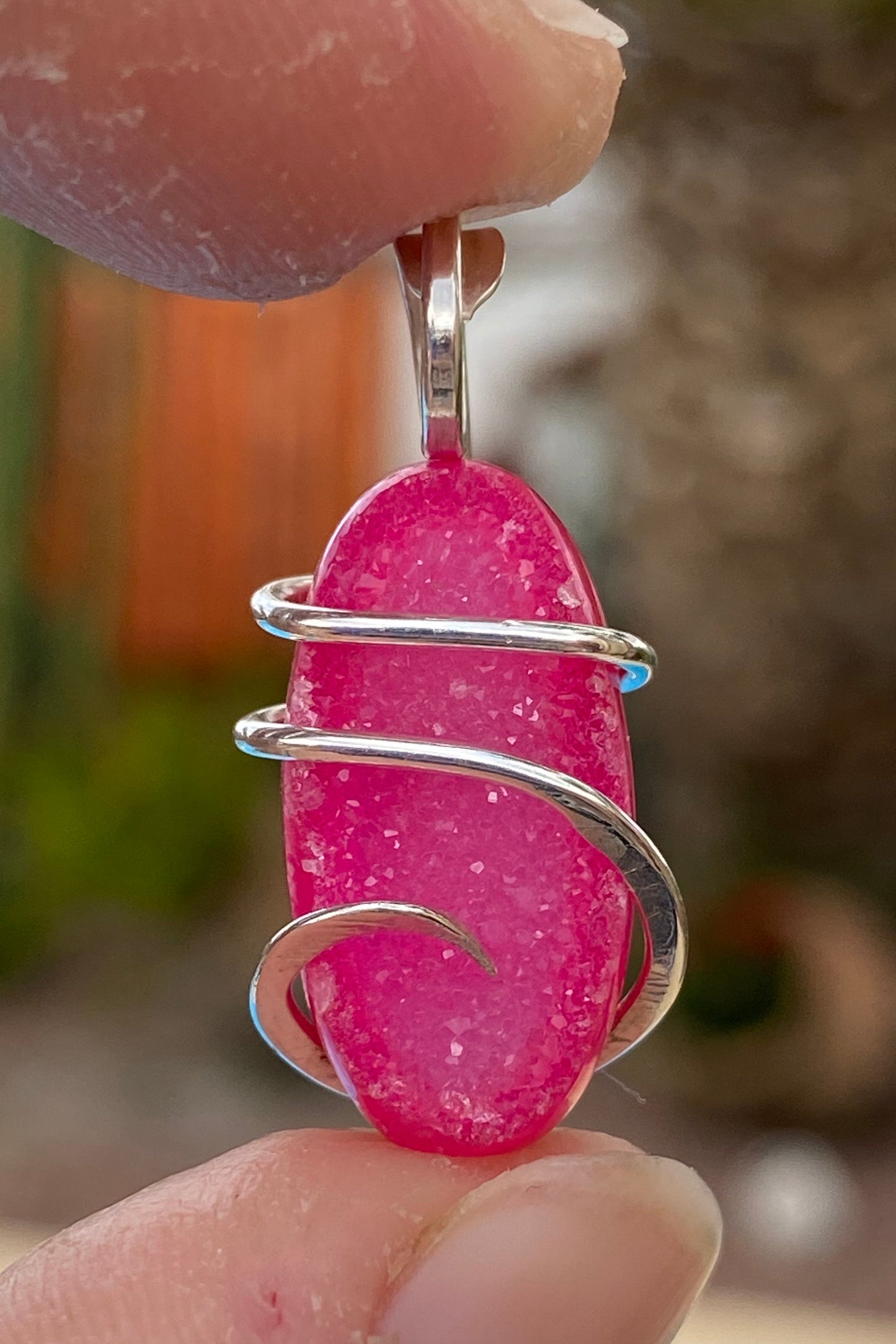 Dyed Agate Druzy in Sterling Silver Tension Wrapped Pendant