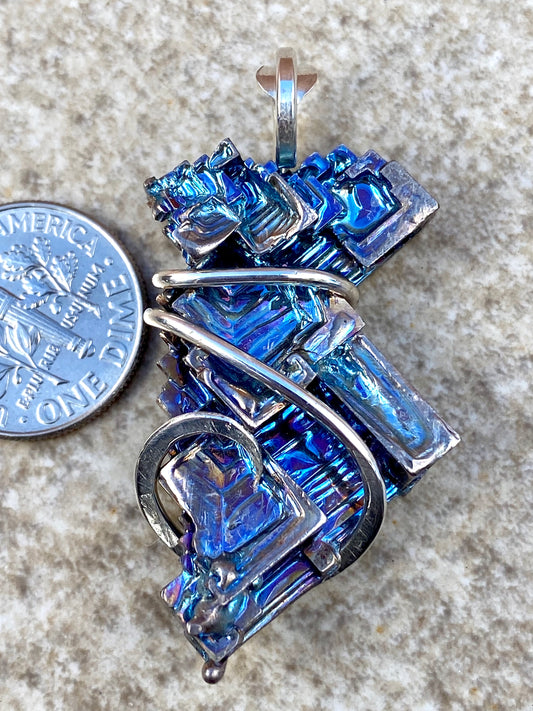 Bismuth Crystal in Sterling Silver Tension Wrapped Pendant