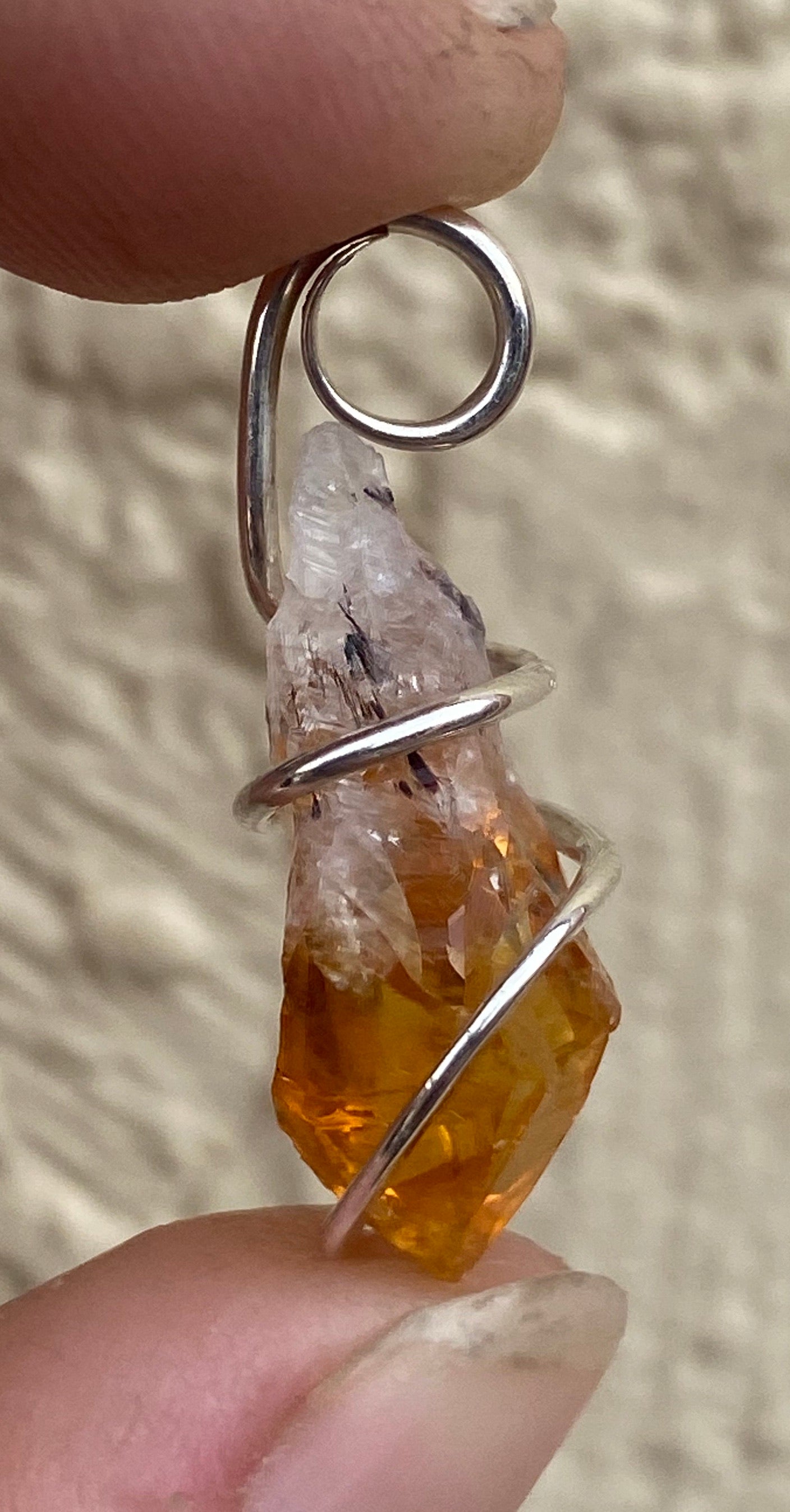 Citrine Crystal in Sterling Silver Tension Wrapped Pendant